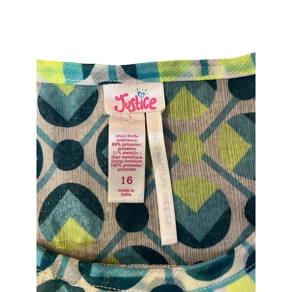 Justice Girls 16 Sleeveless Tiered Blouse Blue Lime Shimmer Ruffle Top Used - Picture 14 of 16